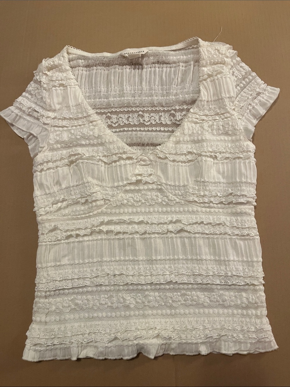 Aeropostale White Lace-Trim Ruffled V-Neck Top